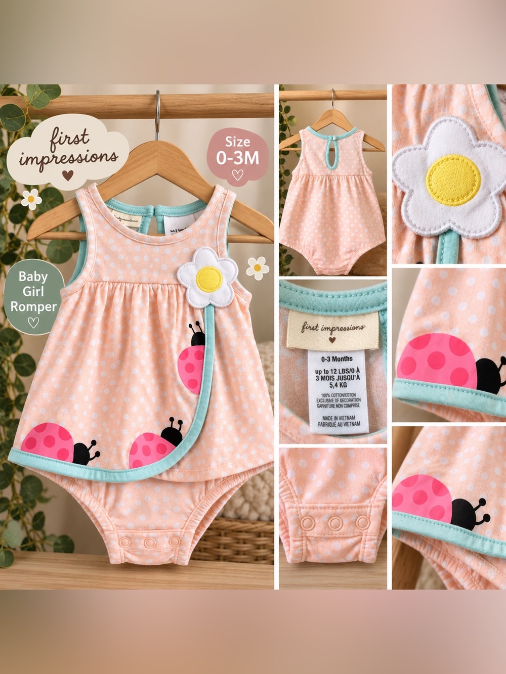 First Impressions Baby Girl Ladybug Romper 0–3M 🐞🌸